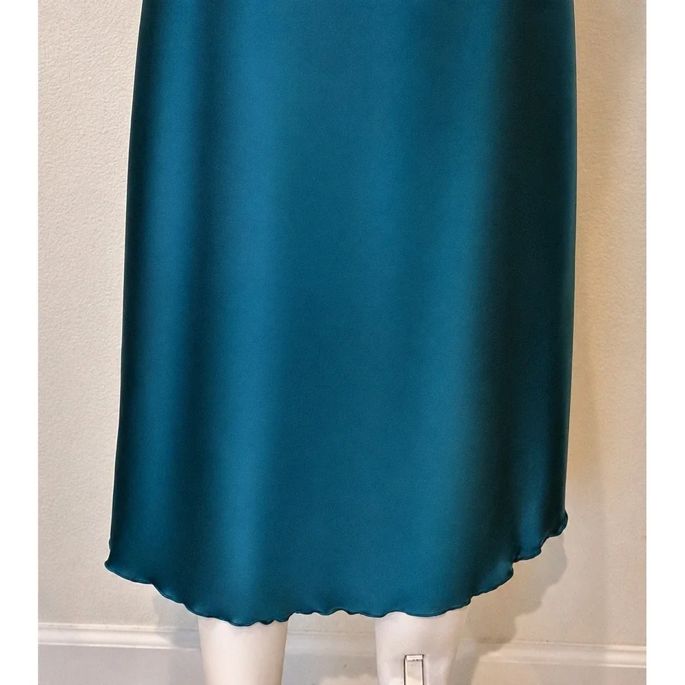 Teal Satin Midi Slip Dress Size XL Cowl Neck Side Slit Soft Glam 90s Style Fairy - Picture 5 of 14